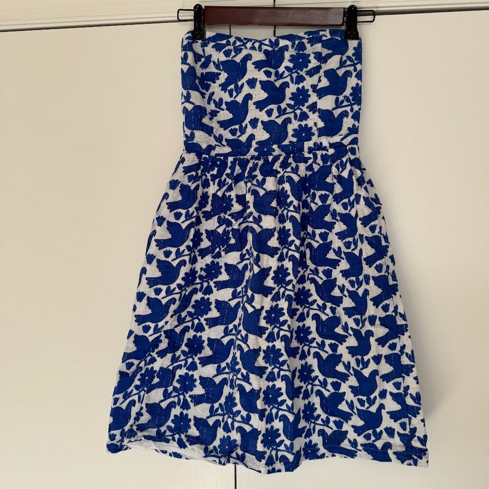 Old Navy Blue Bird Print Strapless Dress Silver Lurex Metallic Detail Size 2